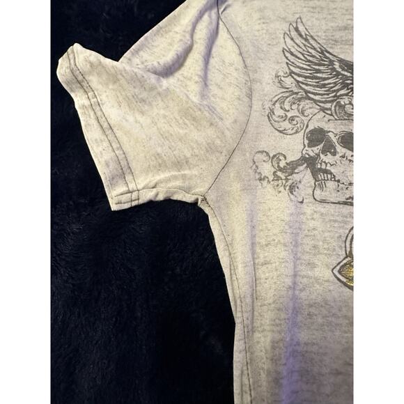 Hot Topic Gothic Cross Wing Skull Graphic Tee Small Gray Gold Foil Slim Emo Punk - Picture 3 of 9